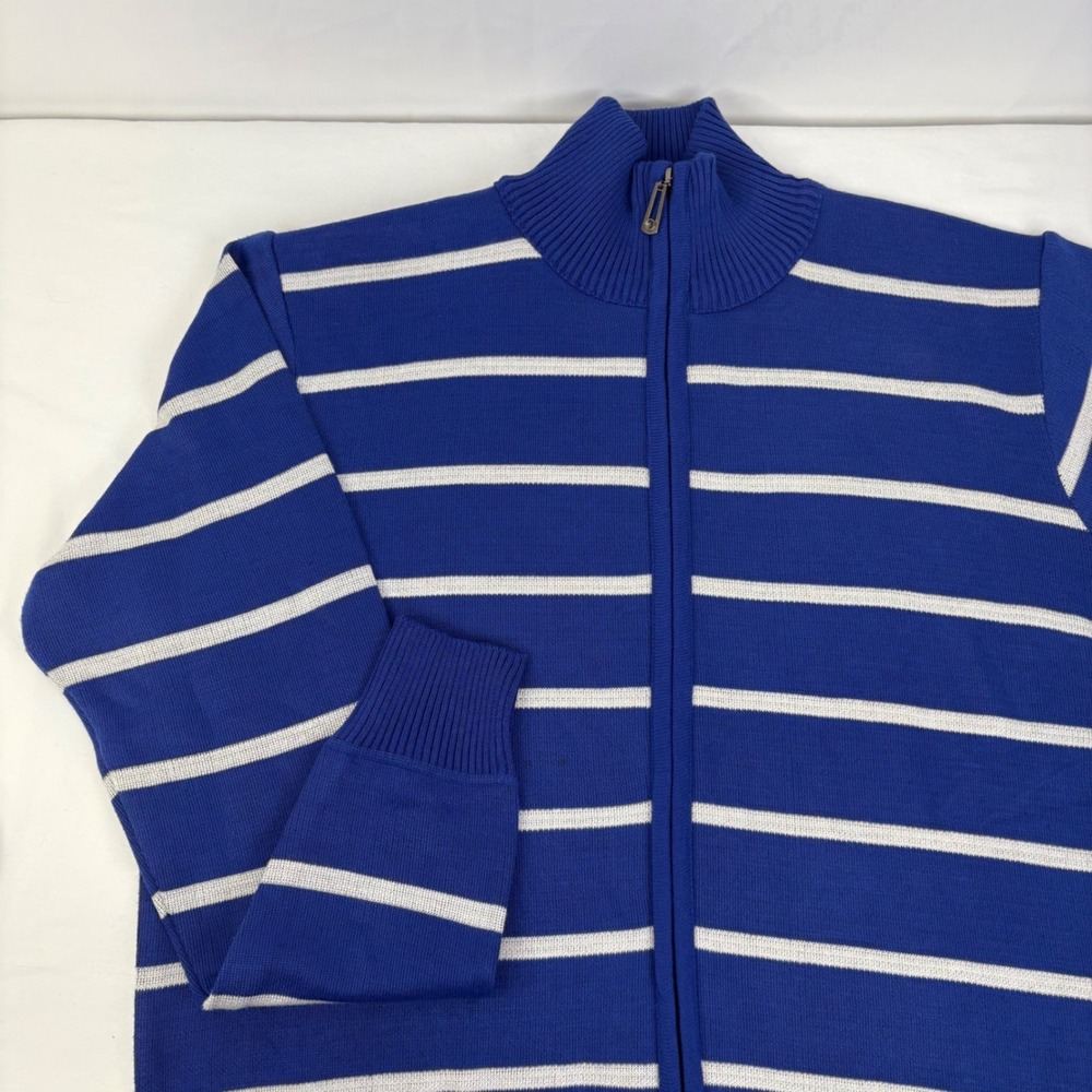 True Rock Womens Blue White Striped Full Zip Mock Neck‎ Cardigan Sweater XL NEW